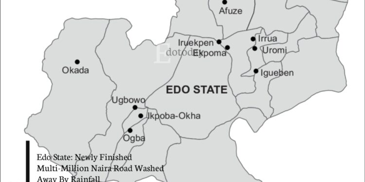 Edo State: Newly Finished Multi-Million Naira Road Washed Away By Rainfall