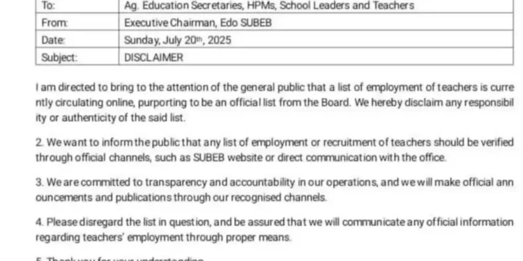Edo SUBEB Disclaims Circulating Teachers’ Employment List