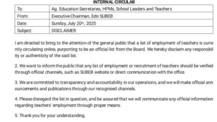 Edo SUBEB Disclaims Circulating Teachers’ Employment List