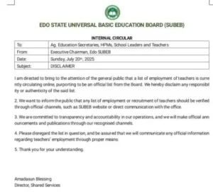 Edo SUBEB Disclaims Circulating Teachers’ Employment List
