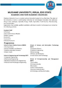 Mudiame University Recruitment