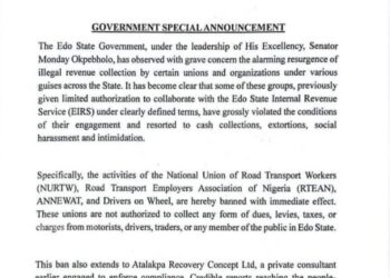 Edo Govt Bans NURTW, RTEAN, ANNEWAT, Others Over Illegal Levies