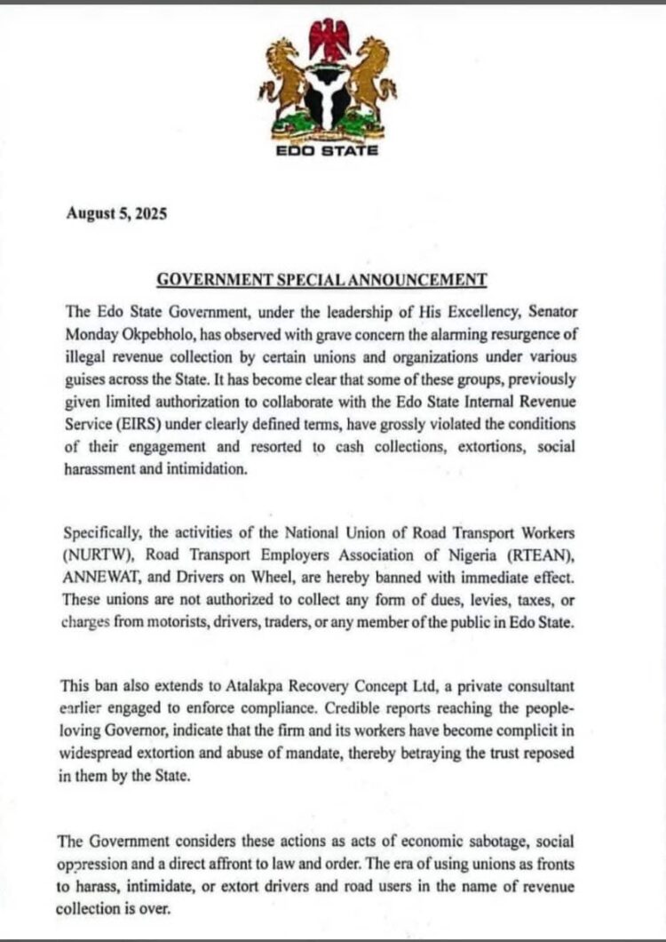 Edo Govt Bans NURTW, RTEAN, ANNEWAT, Others Over Illegal Levies