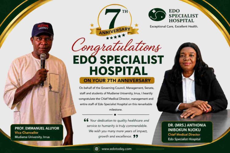 Mudiame University Vice Chancellor Congratulates Edo Specialist Hospital on 7th Anniversary
