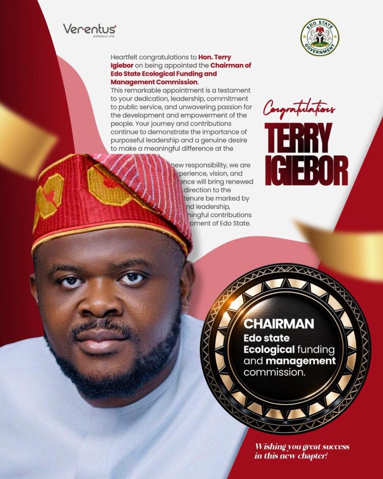 Verentus Consult Ltd Congratulates Terry Igiebor on His Swearing-In as Chairman Edo State Ecological Funding and Management Commission