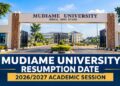 Mudiame University Irrua Announces Resumption Date for 2026/2027 Academic Session for New and Returning Students