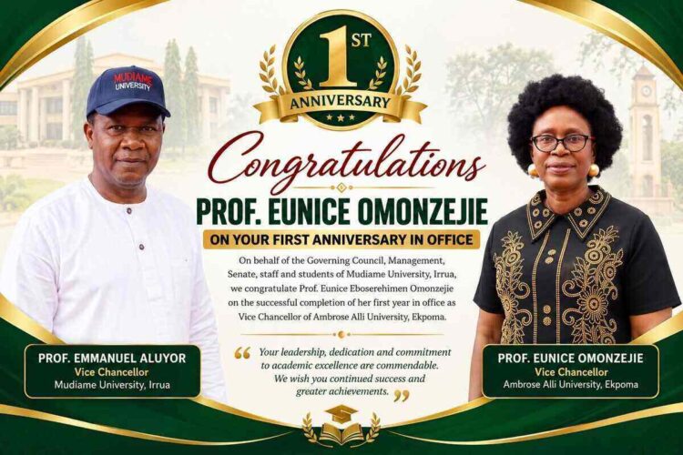 Mudiame University Vice Chancellor Congratulates AAU VC, Prof. Eunice Omonzejie, on First Anniversary in Office